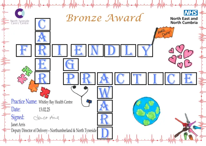 Bronze Award certificate for Carer Friendly GP Practice, 2025.
